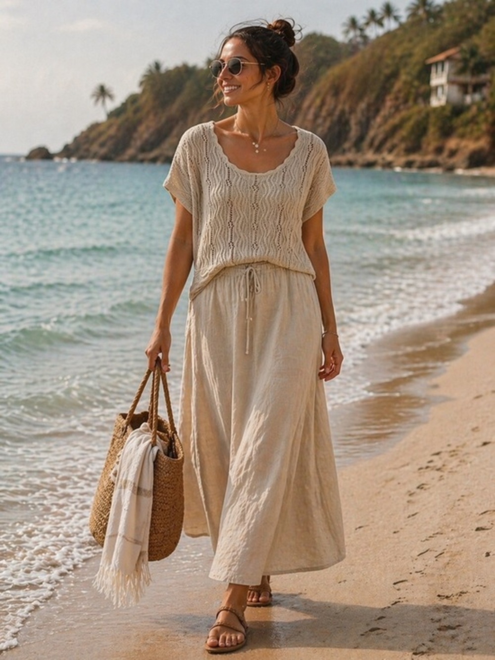 Coldwater Creek Open Knit Cottagecore Top – Size Medium Neutral Beige Coastal